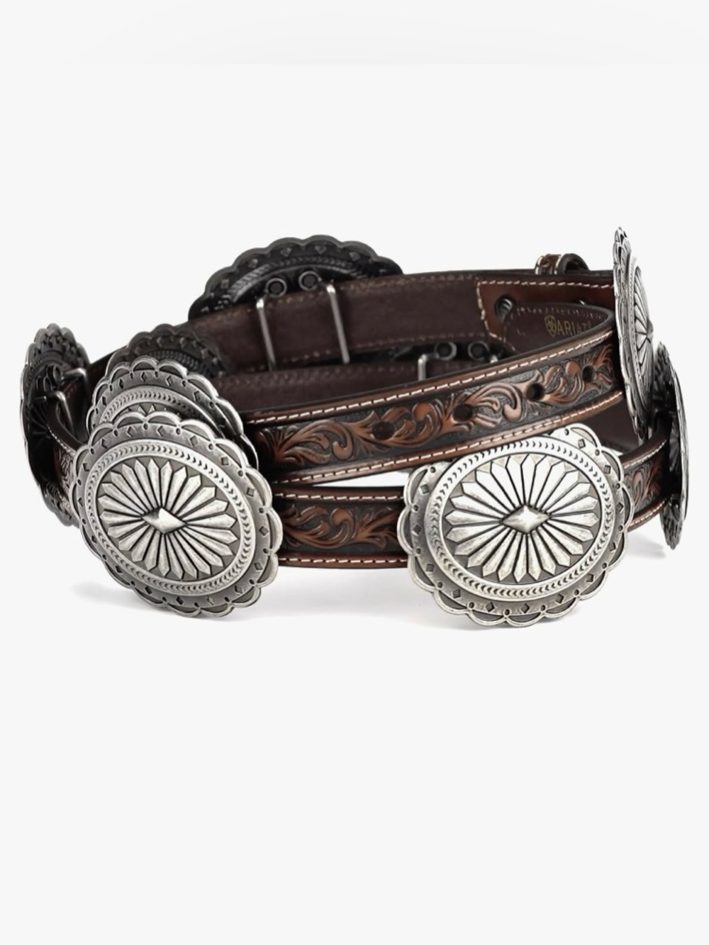 Ariat Womenâs Tooled Leather Oval Floral Conch Belt